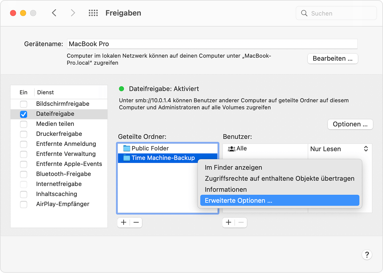 Sharing preferences, Advanced options