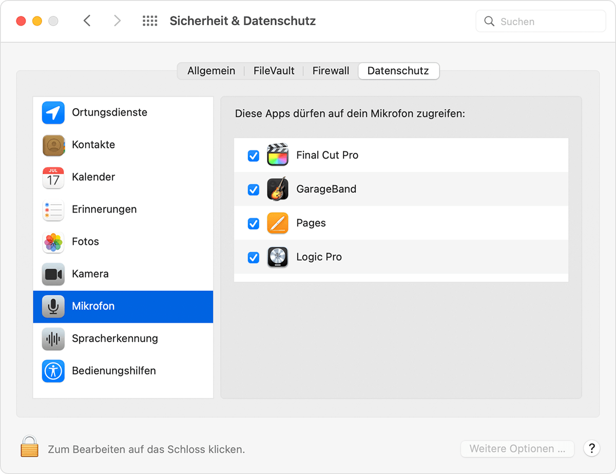 macOS Security & Privacy preferences Privacy tab with Microphone selected