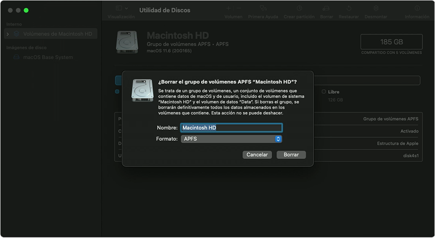 Disk Utility window Erase APFS volume group popup