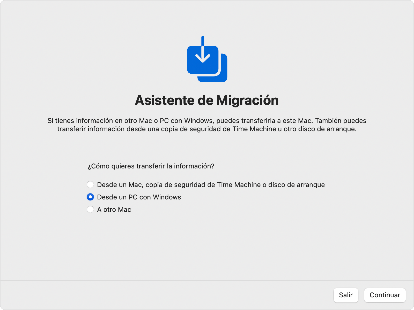Asistente de Migración en Mac: Transferir “Desde un PC con Windows”