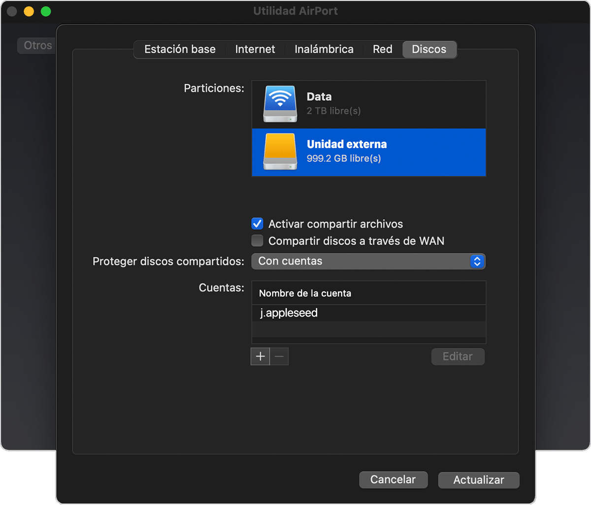 pestaña Discos de la ventana de Utilidad AirPort con "Activar compartir archivos" activado