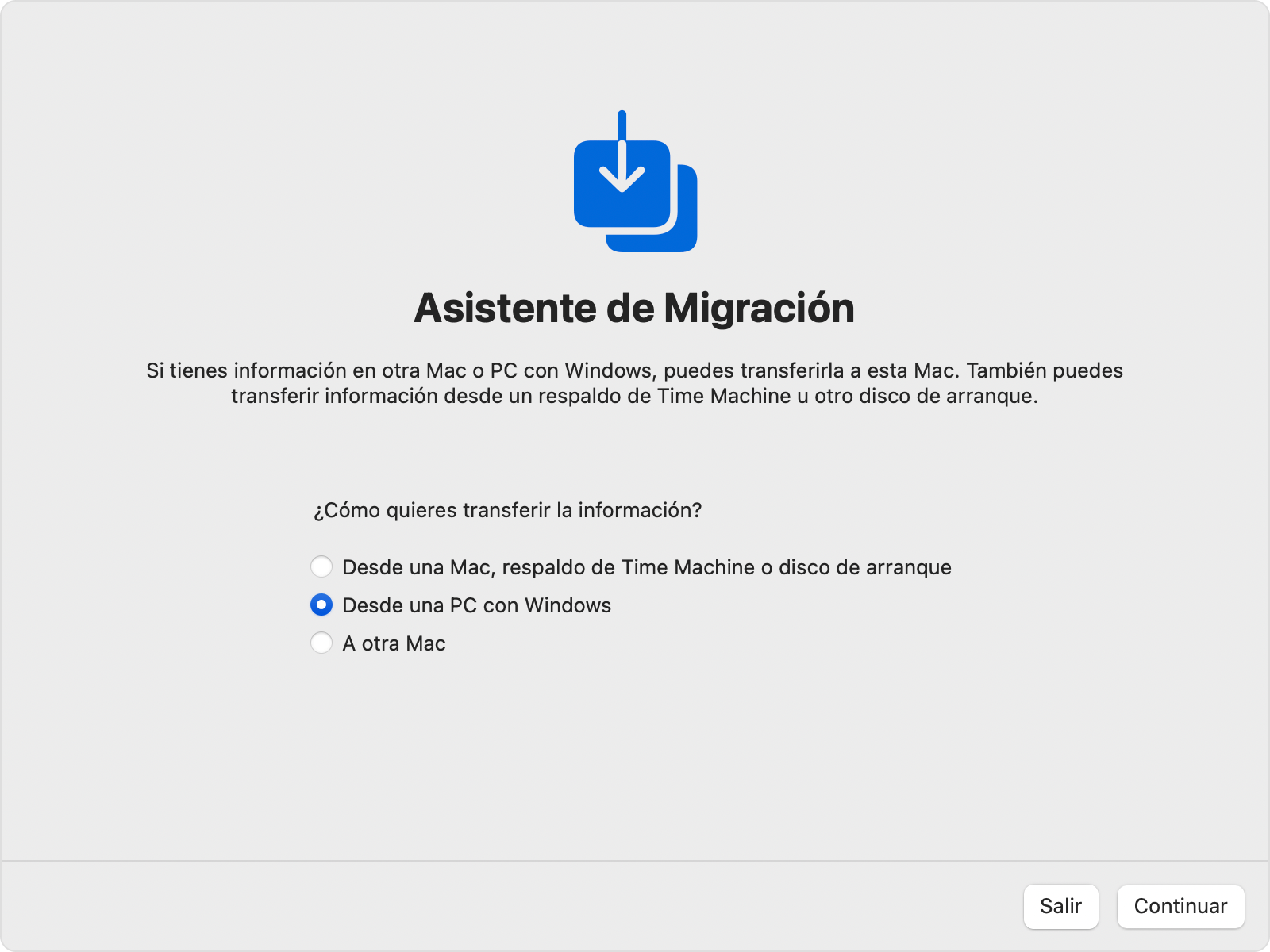 Asistente de Migración en la Mac: Transferir “Desde una PC con Windows”