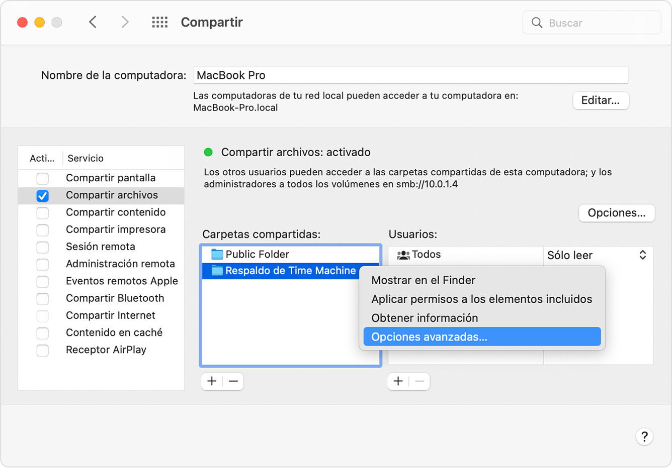 Preferencias de Compartir, Opciones avanzadas