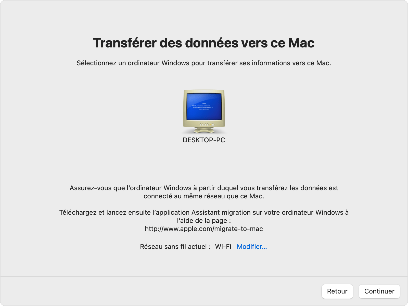Assistant migration sur Mac : sélectionnez un ordinateur Windows