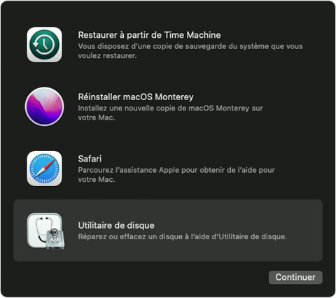 macOS Recovery options with Disk Utility selected