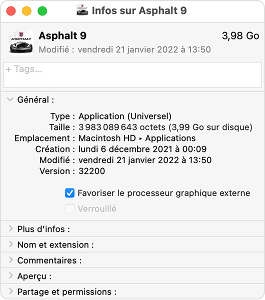 Fenêtre d’informations de l’app sur Mac avec l’option Favoriser le processeur graphique externe sélectionnée