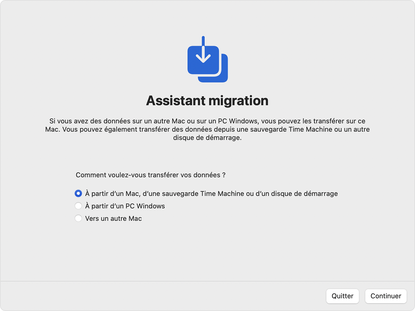 Assistant migration pour transfert à partir d’un Mac sous macOS Monterey