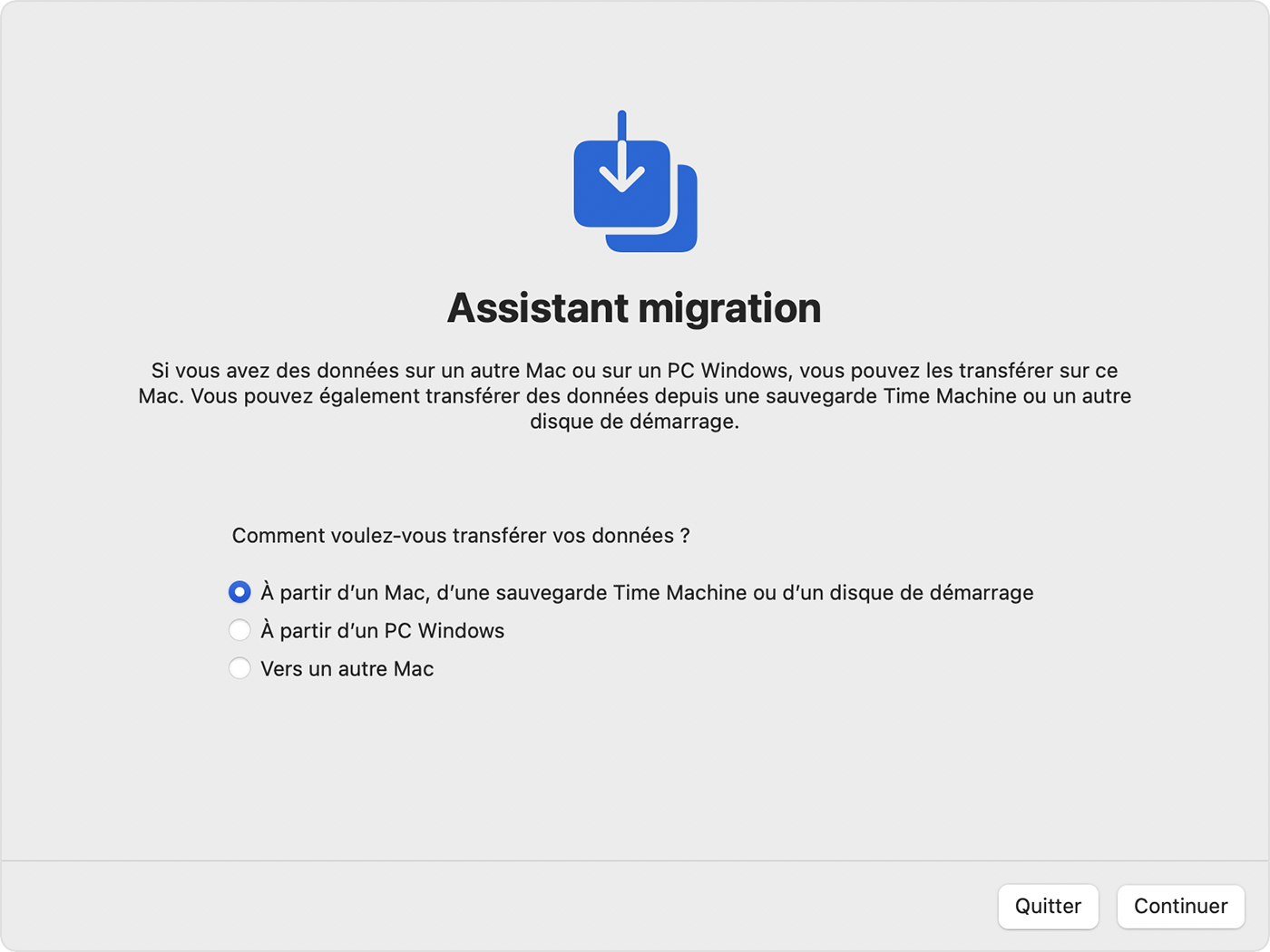 Assistant migration avec l’option « À partir d’un Mac, d’une sauvegarde Time Machine ou d’un disque de démarrage » sélectionnée.