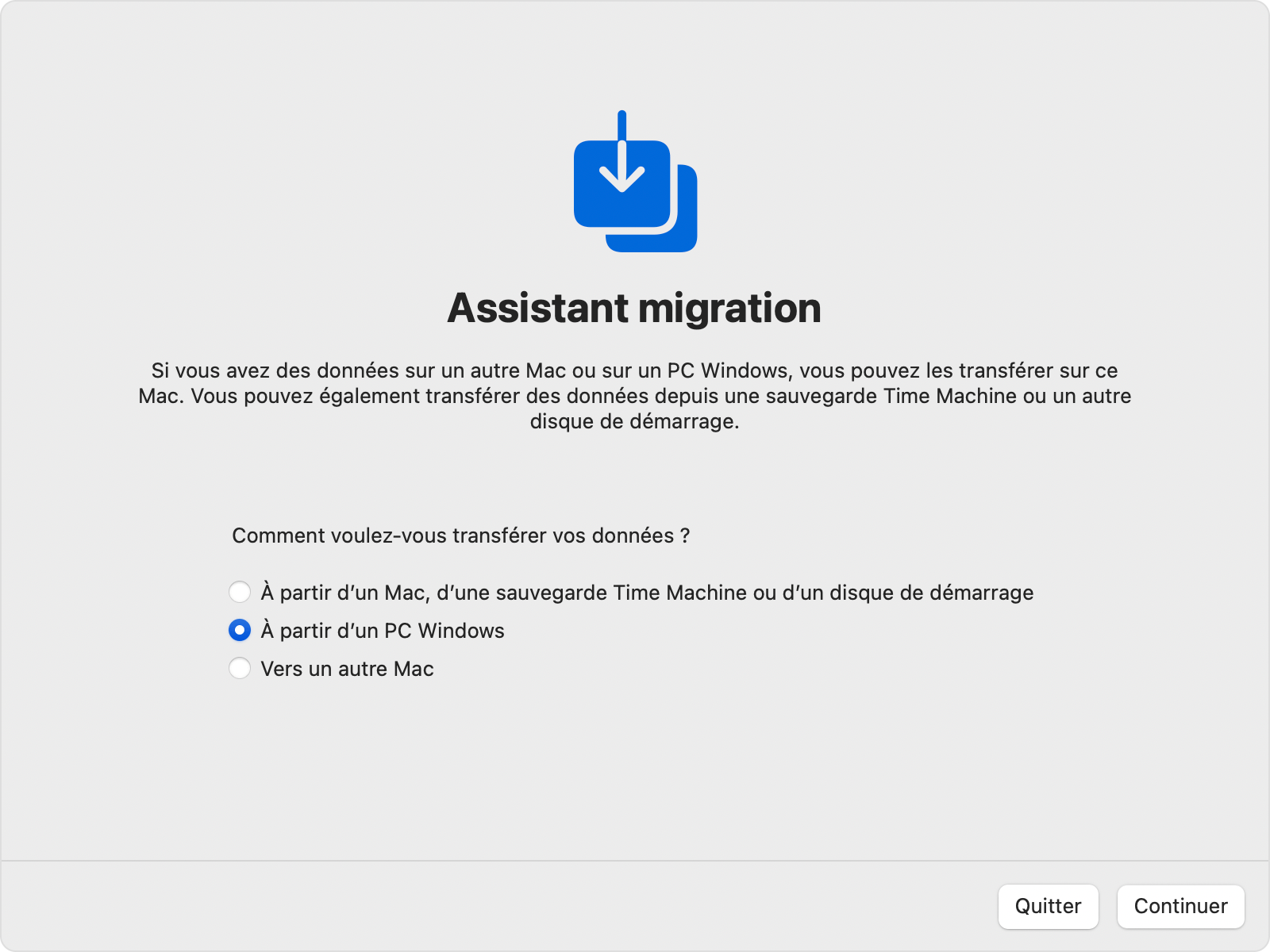 Assistant migration sur Mac : transférer « À partir d’un PC Windows »
