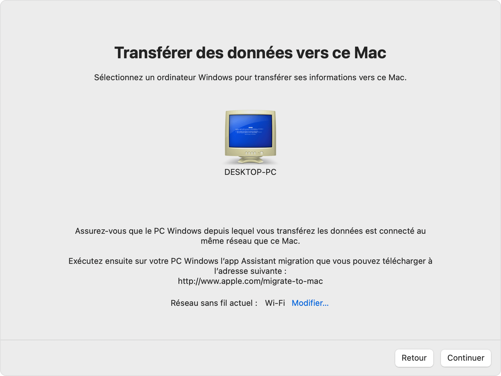 Assistant migration sur Mac : sélectionner un PC Windows