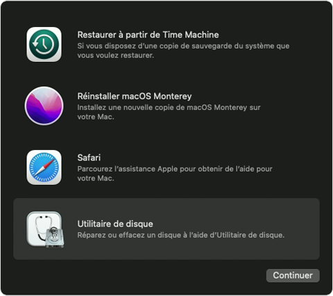 macOS Recovery options with Disk Utility selected