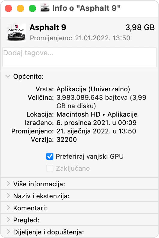 Informacijski prozor Aplikacija na Mac računalu s odabranom opcijom Preferiraj vanjski GPU