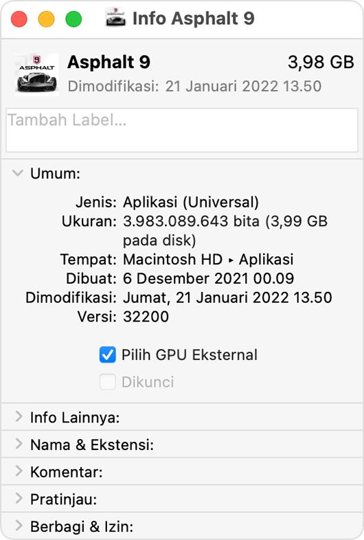 Jendela info App Mac dengan Pilih GPU Eksternal yang dipilih