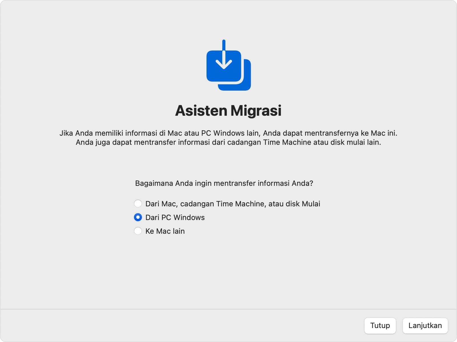 Asisten Migrasi di Mac: Transfer “Dari PC Windows”