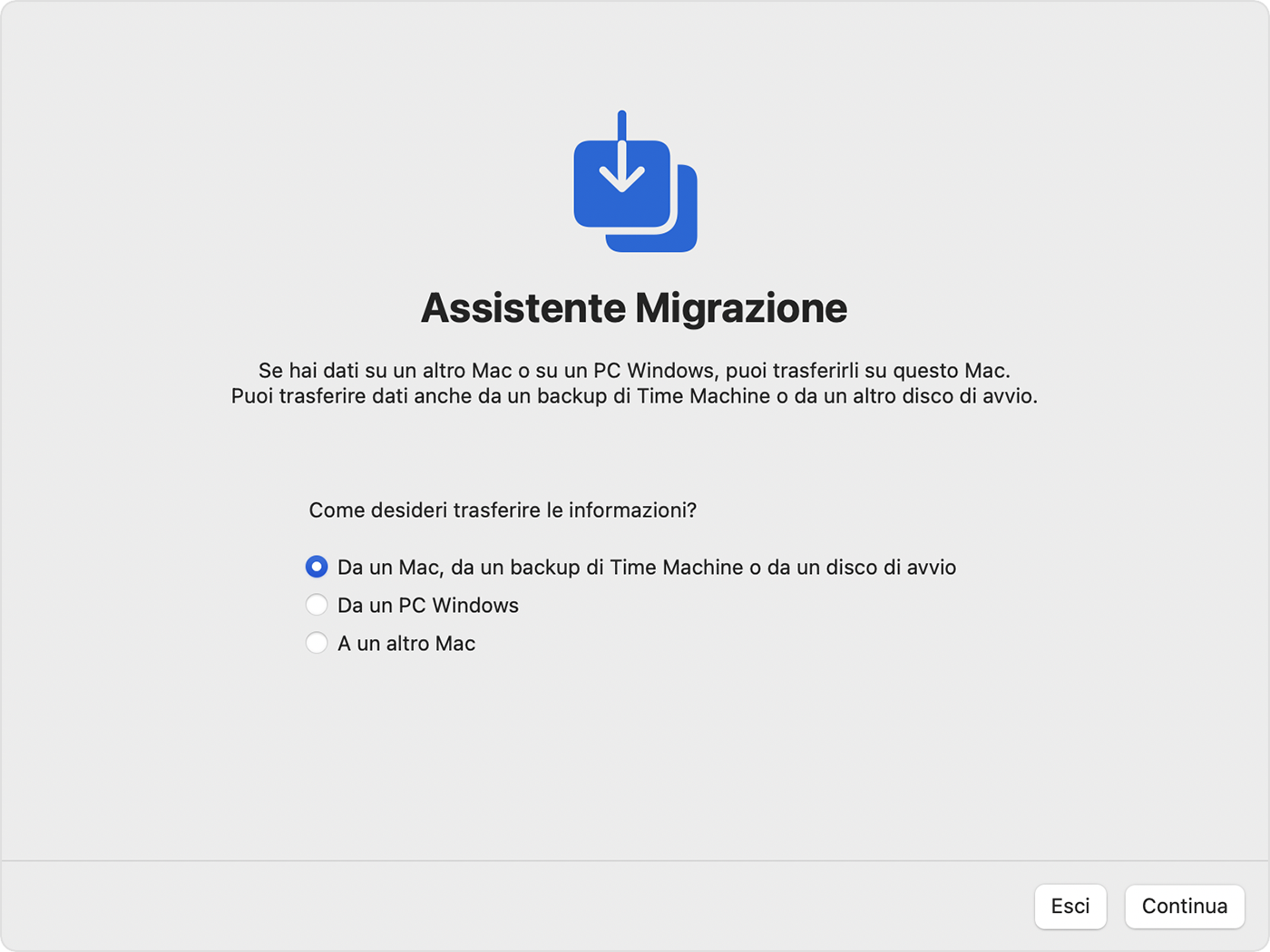 Assistente Migrazione su macOS Monterey; trasferimento da Mac