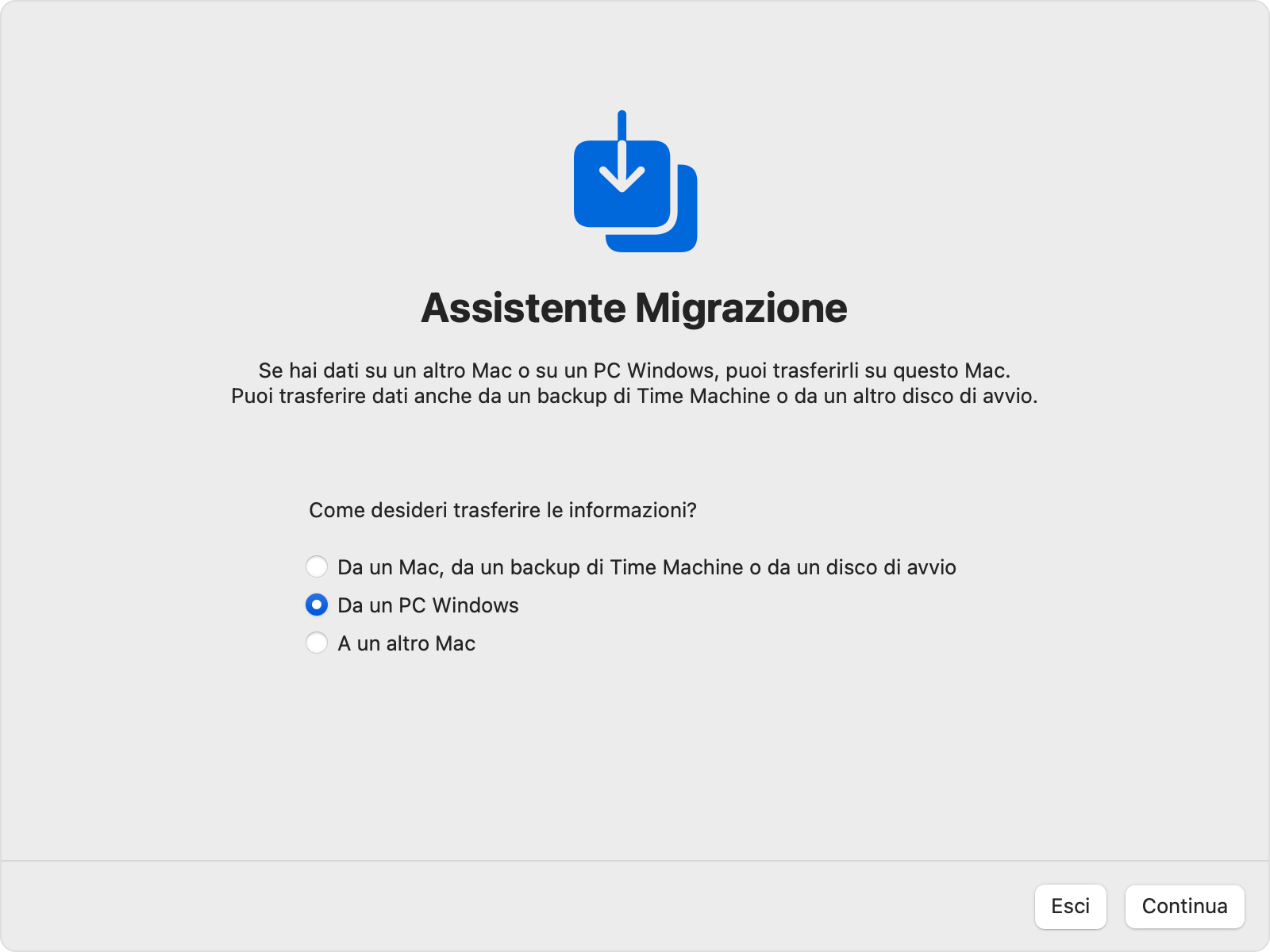 Assistente Migrazione su Mac: trasferisci “Da un PC Windows”
