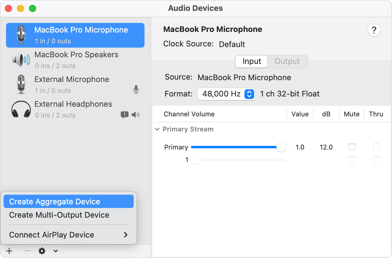 macOS Monterey の Audio MIDI 設定の機器セット