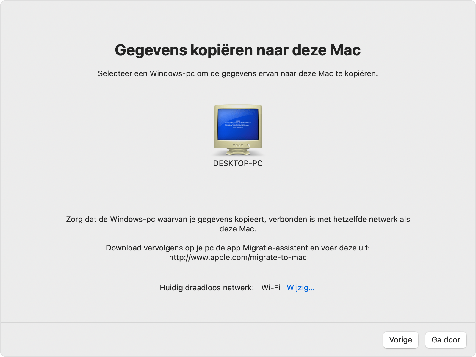 Migratie-assistent op Mac: overzetten 'Van een Windows-pc'