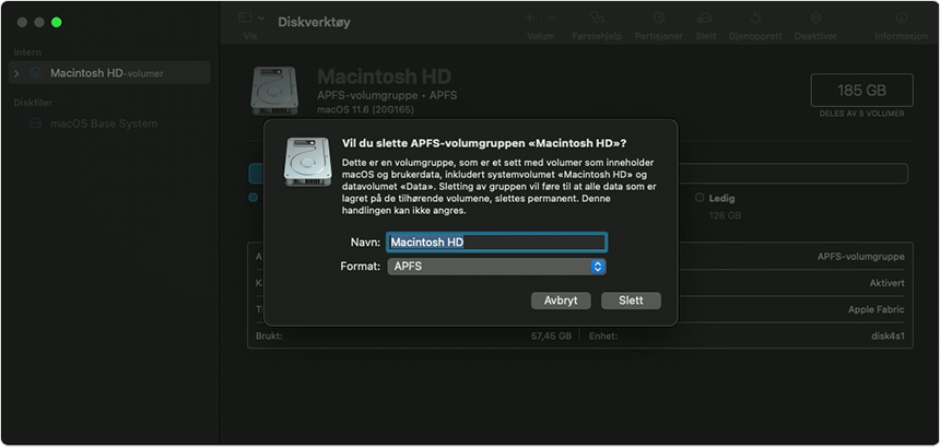 Disk Utility window Erase APFS volume group popup
