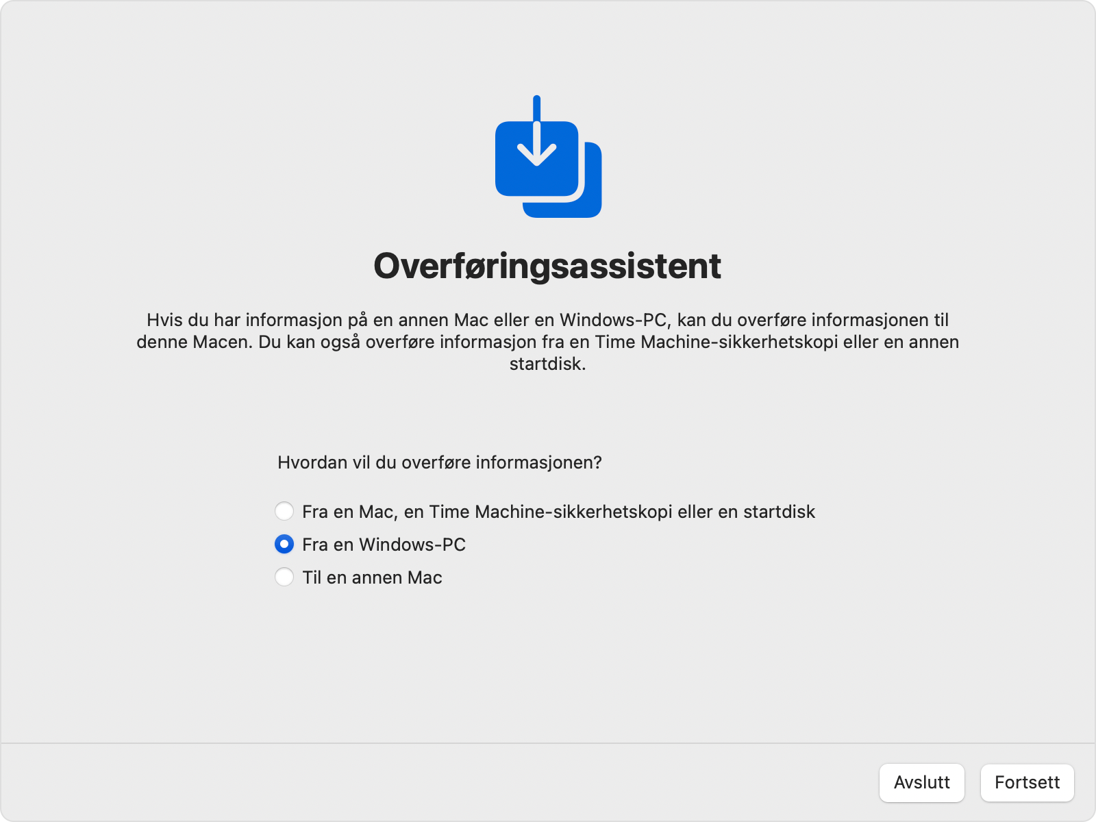 Overføringsassistent på Mac: Overfør «Fra en Windows-PC»