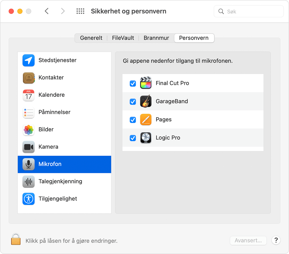 macOS Security & Privacy preferences Privacy tab with Microphone selected