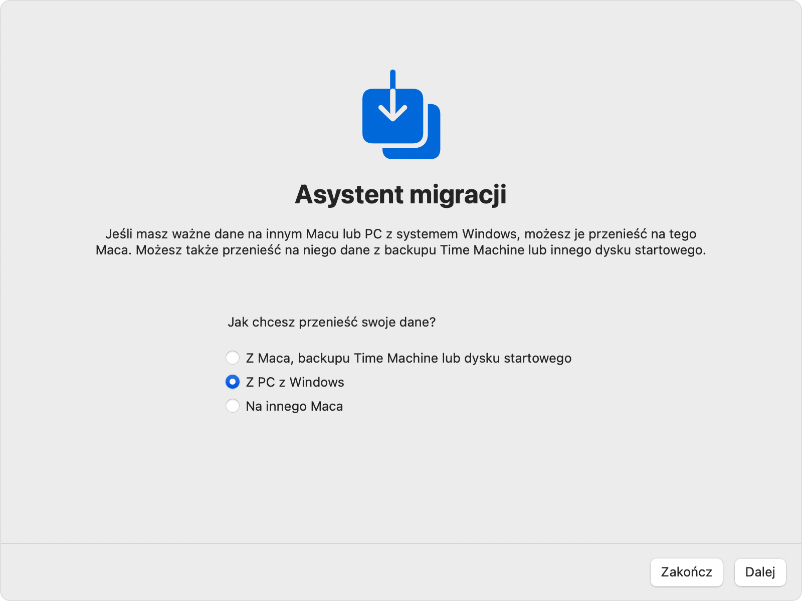 Asystent migracji na Macu: Przenoszenie „Z komputera PC z systemem Windows”