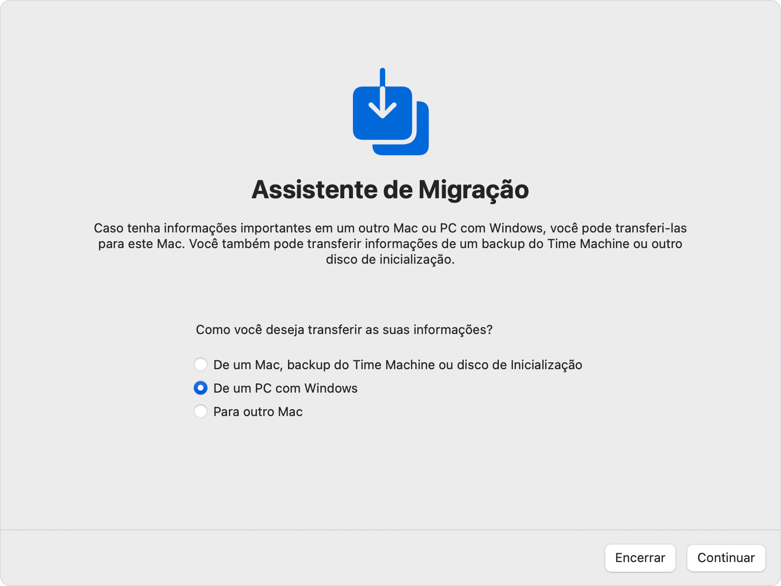 Assistente de Migração no Mac: transfira "De um PC com Windows"
