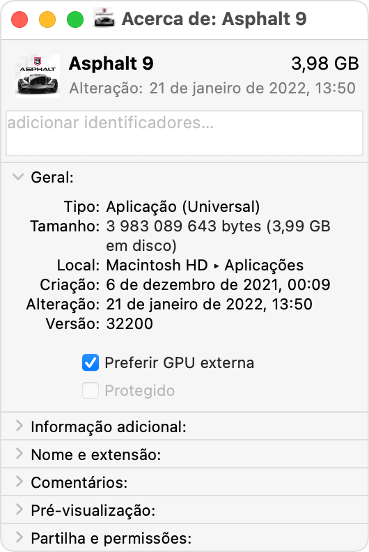 Janela de informações da app do Mac com a opção Preferir GPU externa selecionada