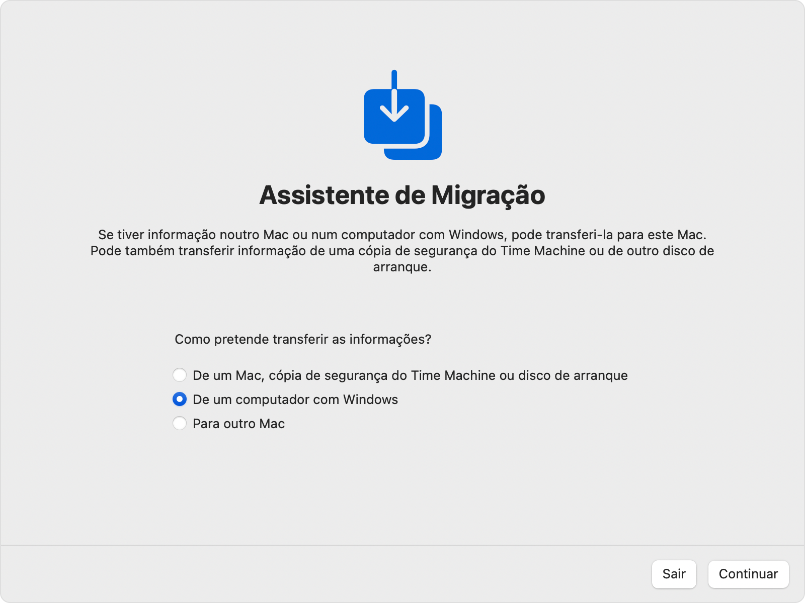 Assistente de migração no Mac: Transferir "De um computador com Windows"