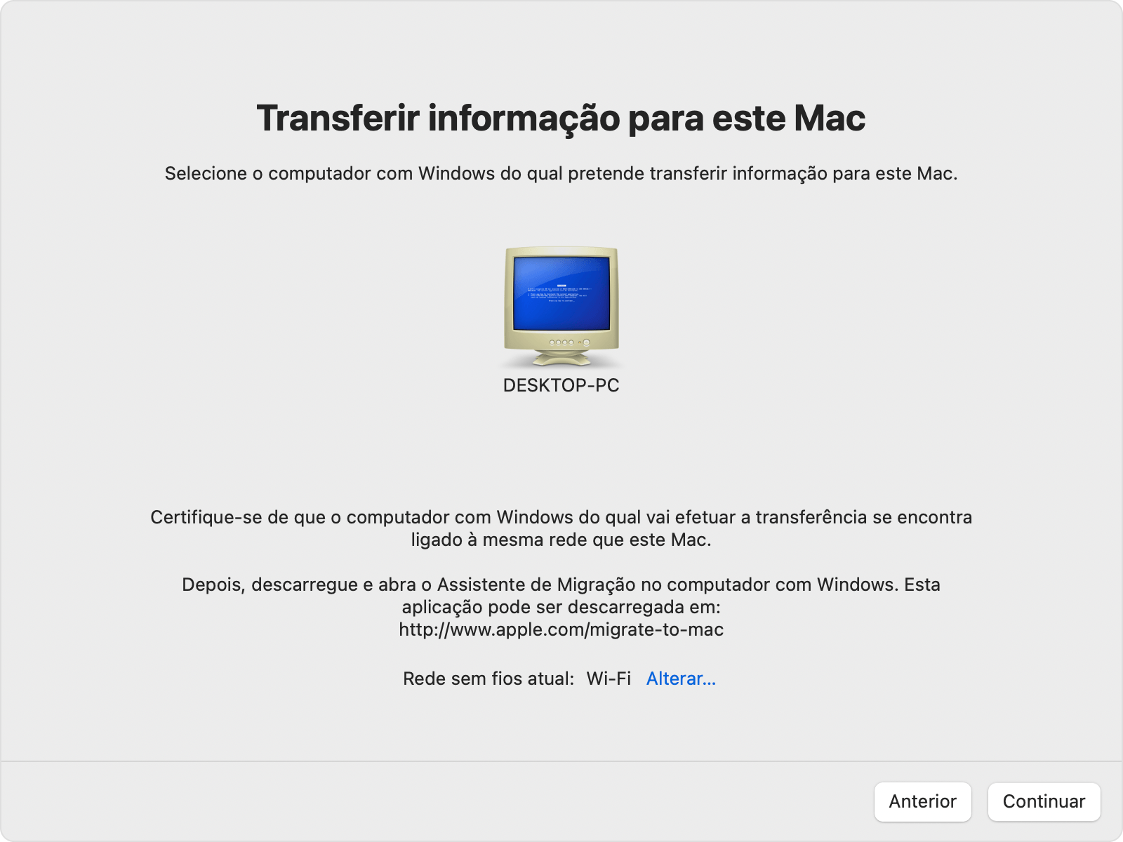 Assistente de migração no PC: Transferir informação para este Mac