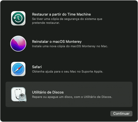 Opções de recuperação do macOS com Utilitário de Discos selecionado