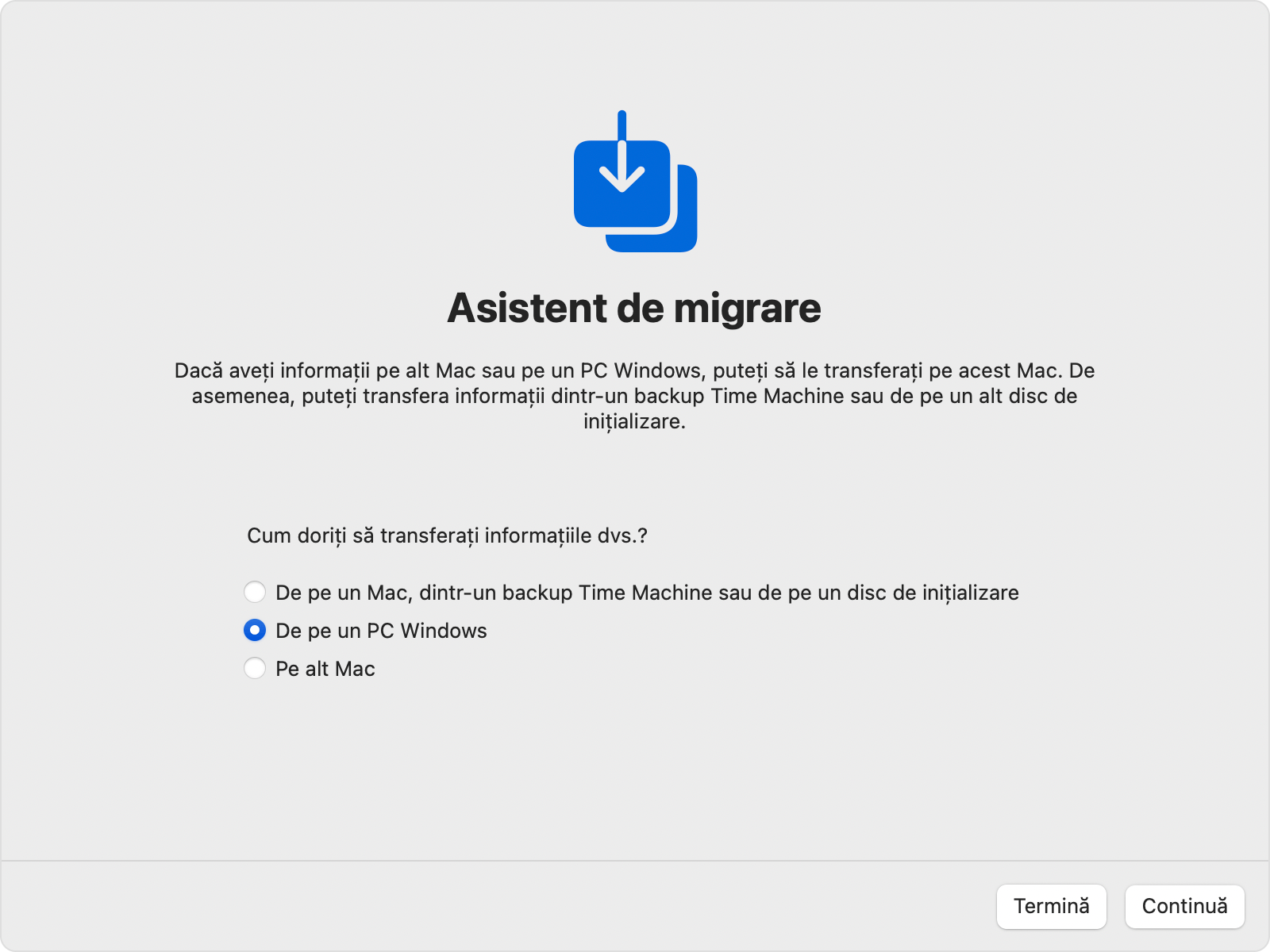 Asistent de migrare pe Mac: Transferă „De pe un PC Windows”