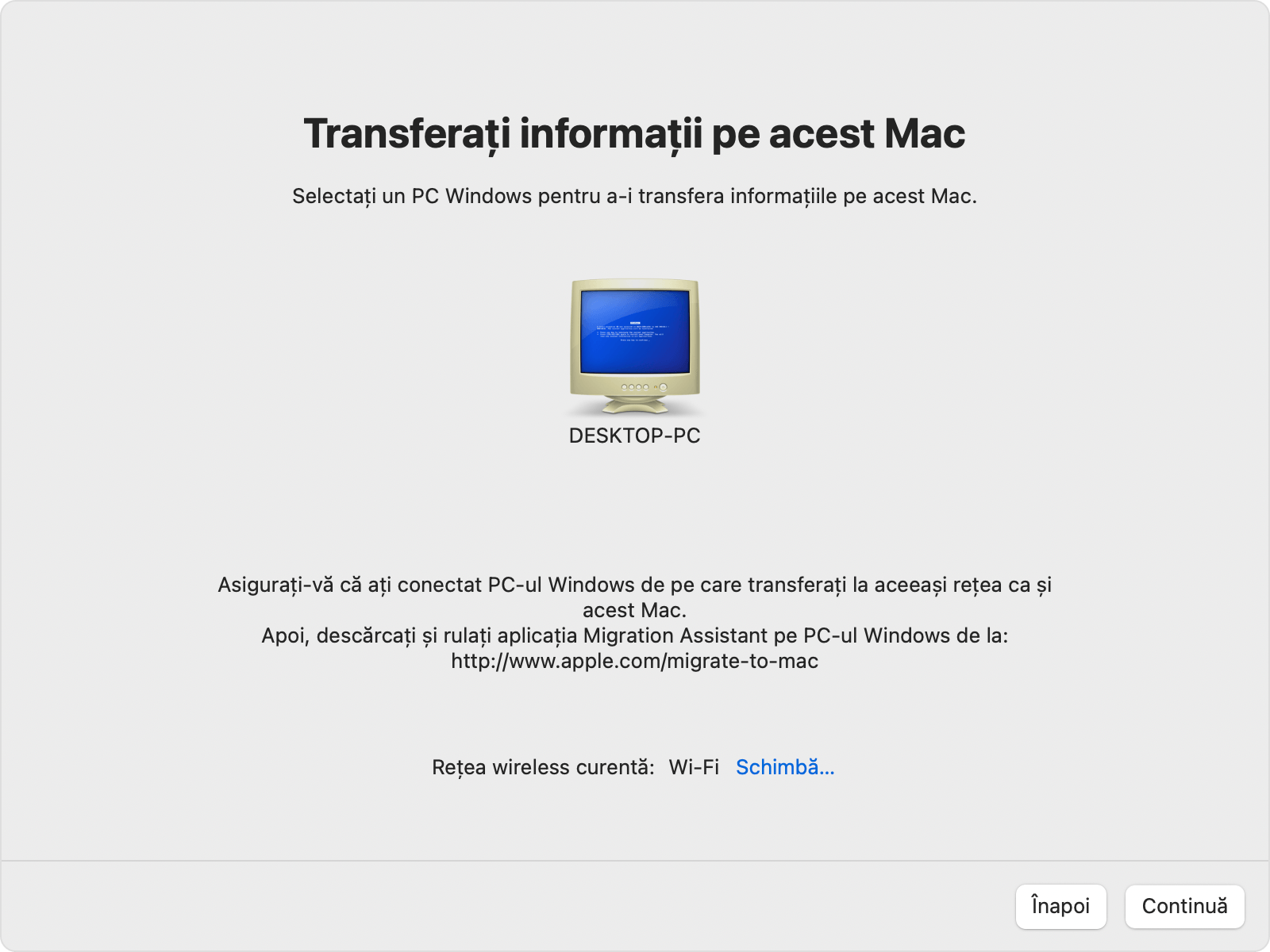 Asistent de migrare pe PC: transferă informațiile pe acest computer Mac