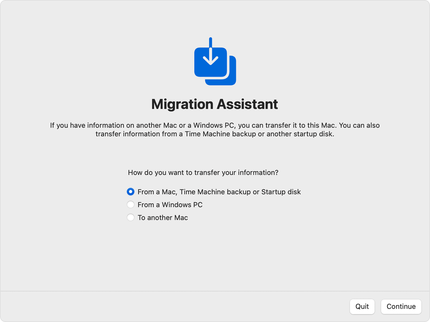 Migration Assistant with the "From a Mac, Time Machine backup or Startup disk" option selected.