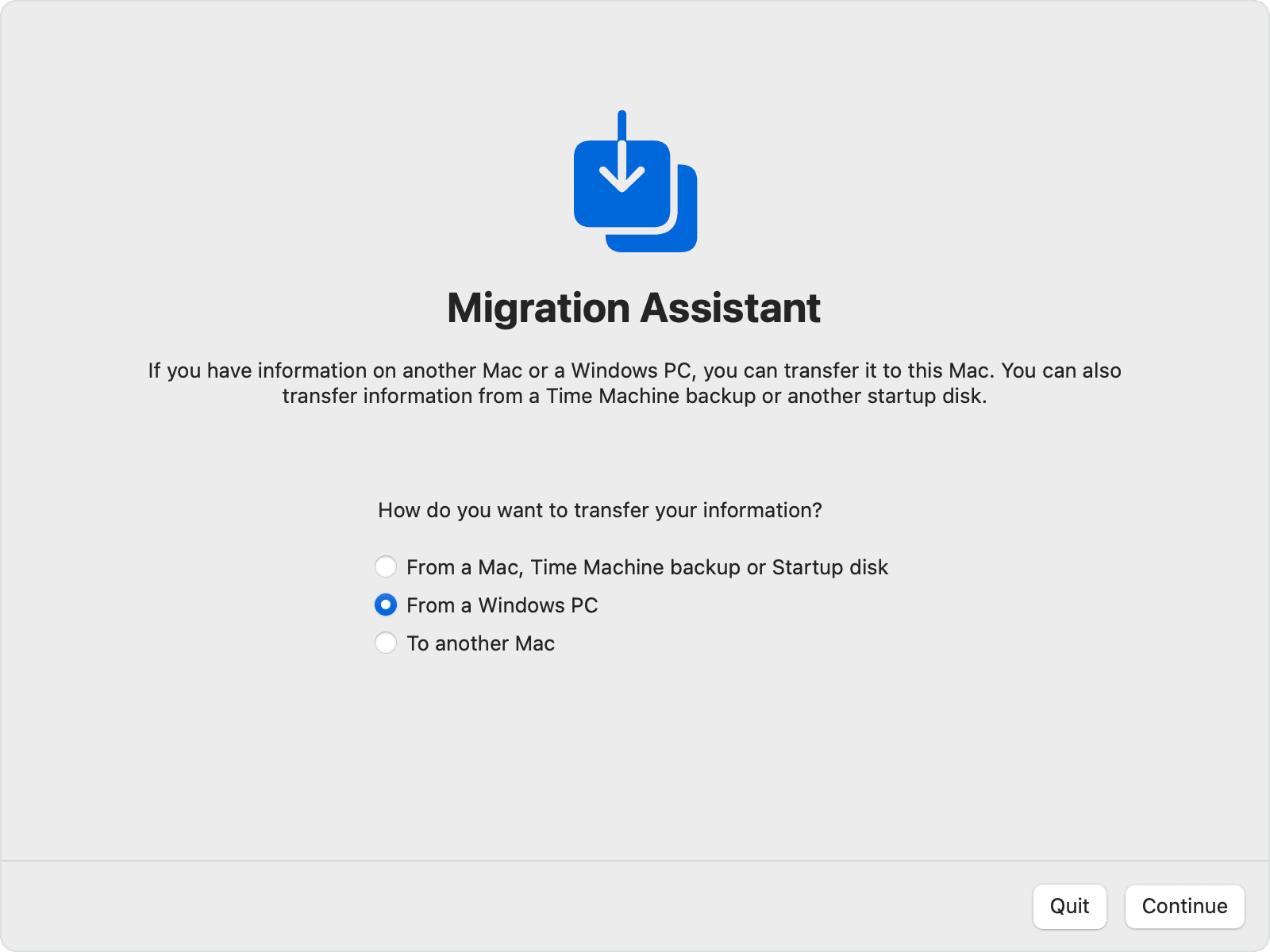 Migration Assistant on Mac: Transfer "From a Windows PC"