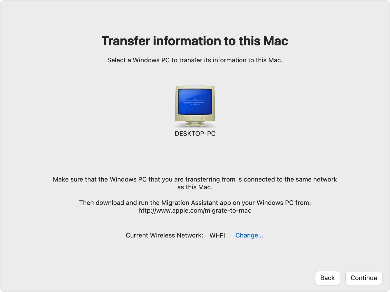 Migration Assistant on Mac: Select a Windows PC