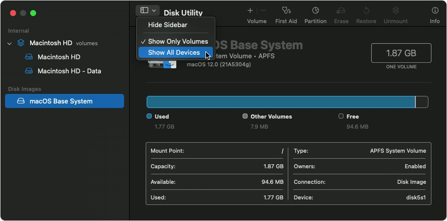 Disk utility not showing macintosh HD in internet recovery mode