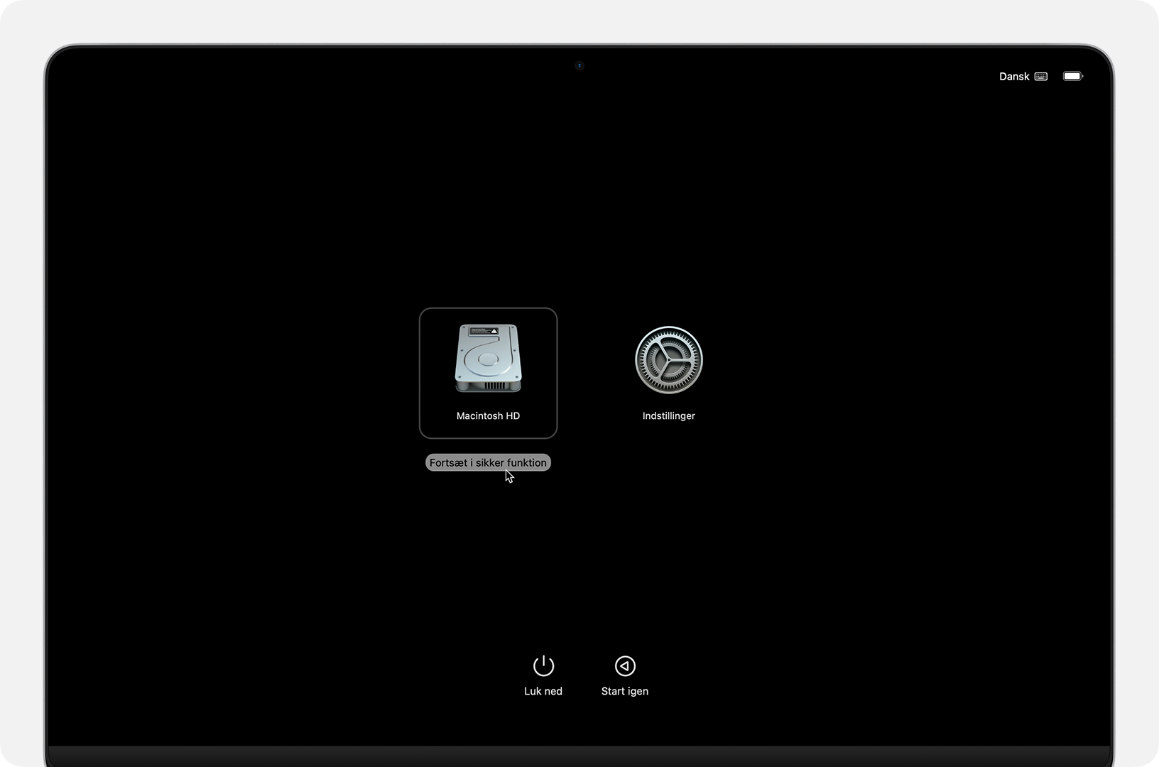 Skærmbillede med startmuligheder med knappen Fortsæt i sikker funktion, der vises under Macintosh HD