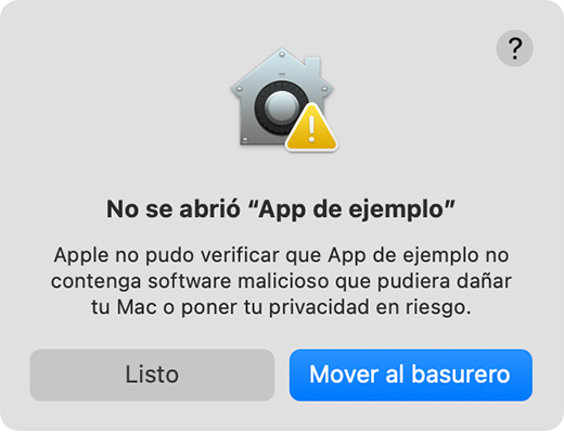 Una alerta en la que se indica que Apple no puede verificar que una app esté libre de malware.