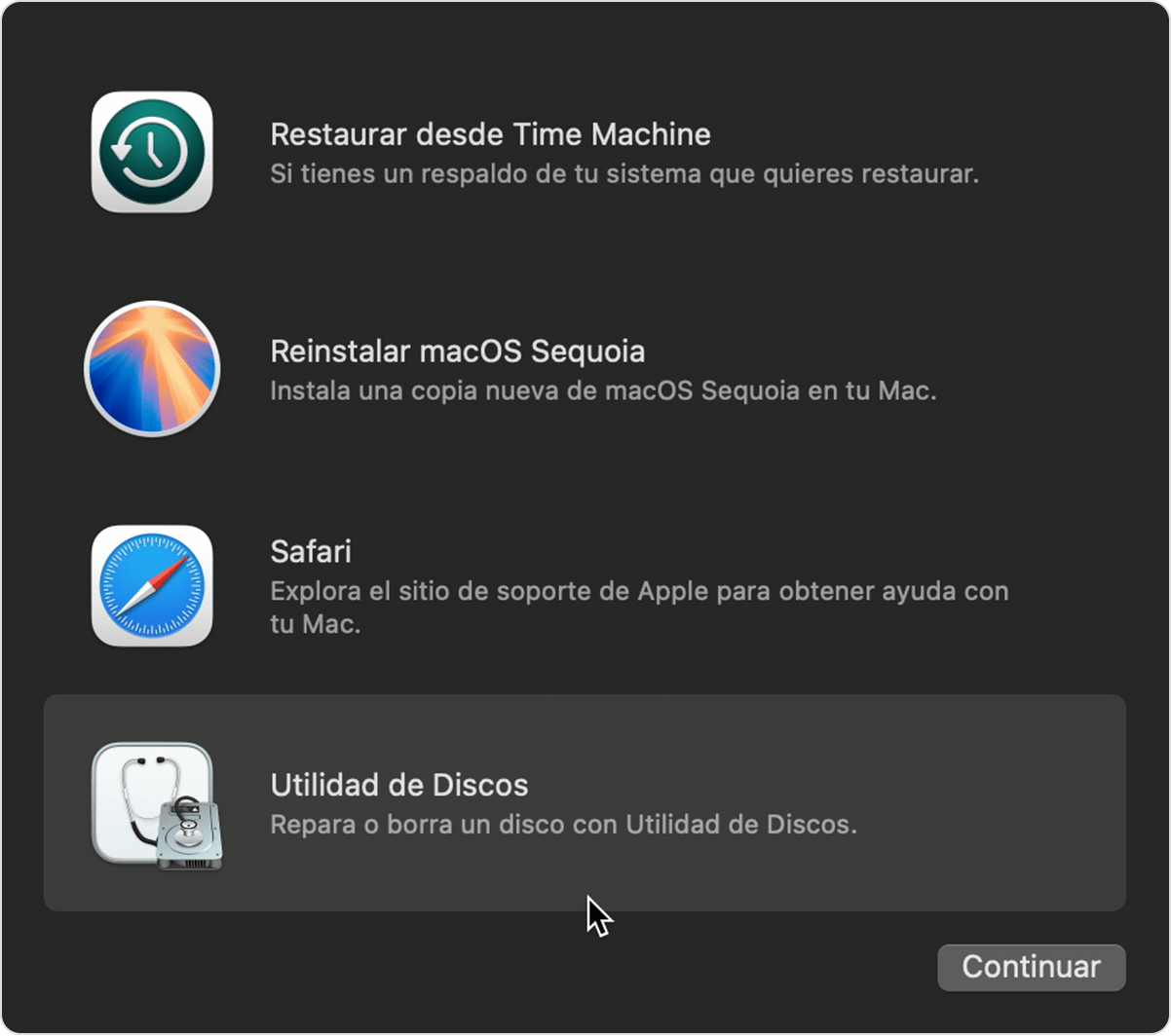 Ventana Utilidades en macOS Sequoia