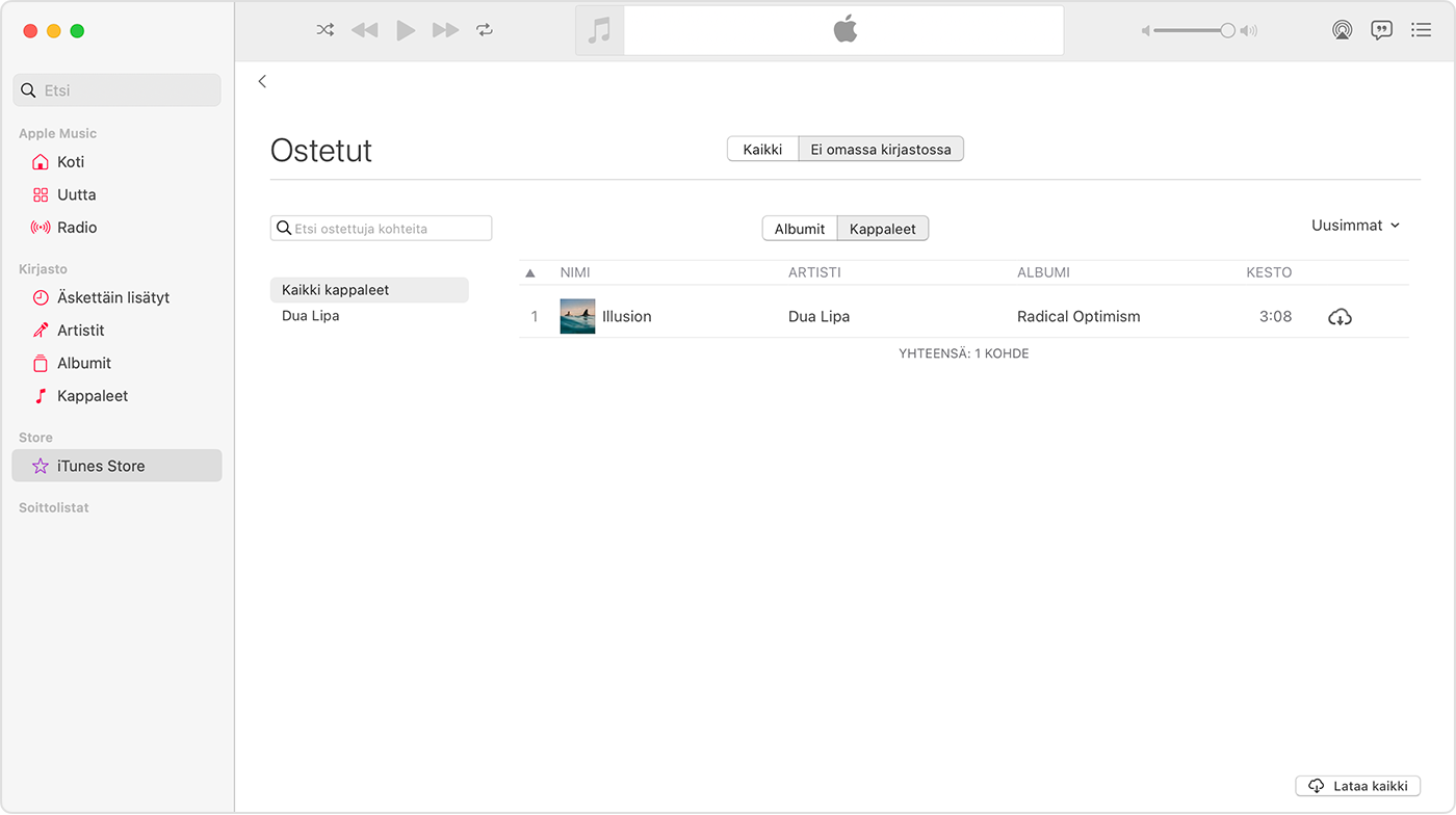 Apple Music -appi Macissa. iTunes Store on valittuna sivupalkissa. Oikealla puolella on kappale ja latauskuvake.