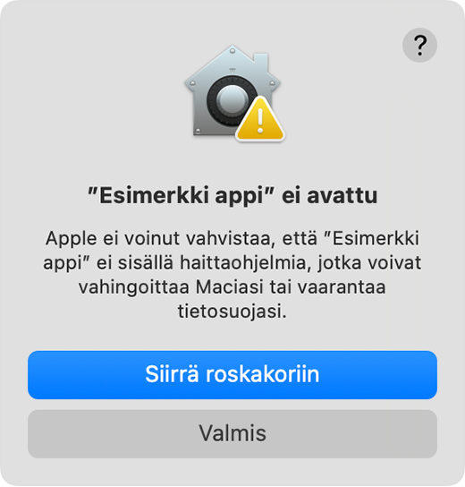 Varoitus siitä, että Apple ei voi varmistaa, ettei apissa ole haittaohjelmia.