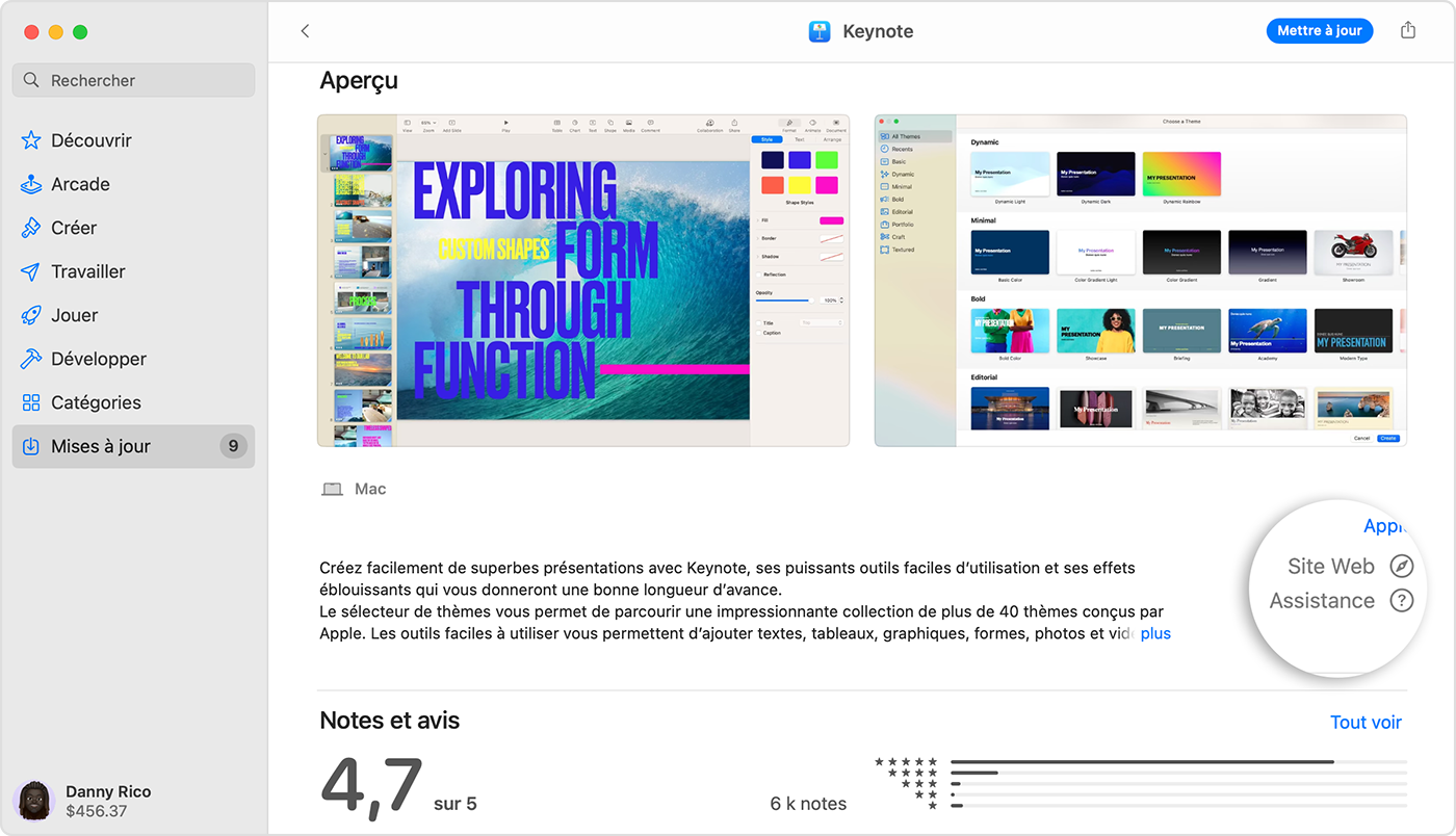 Sur un Mac, la page d’aperçu de Keynote est affichée dans l’App Store. Dans le coin inférieur droit, les boutons Websight et Assistance sont mis en surbrillance.