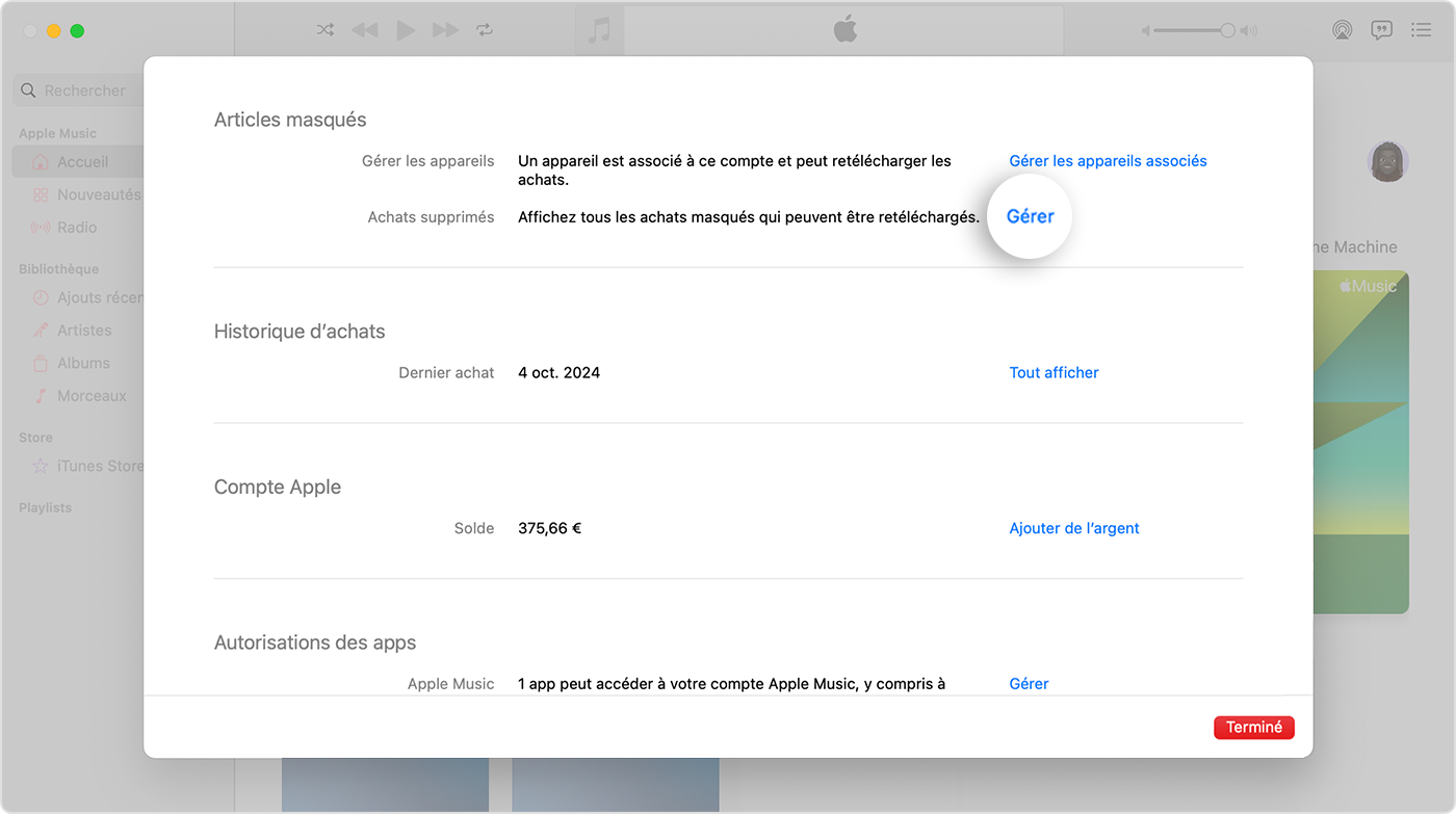 Écran Réglages du compte de l’app Musique sur Mac. La section Éléments masqués affiche un bouton Gérer à droite.