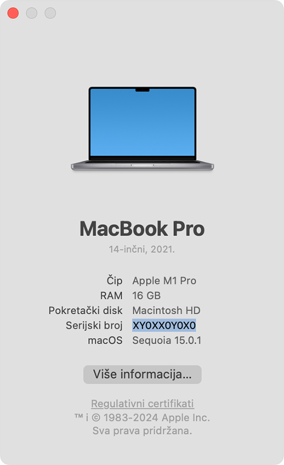Prozor O ovom Mac računalu s istaknutim serijskim brojem