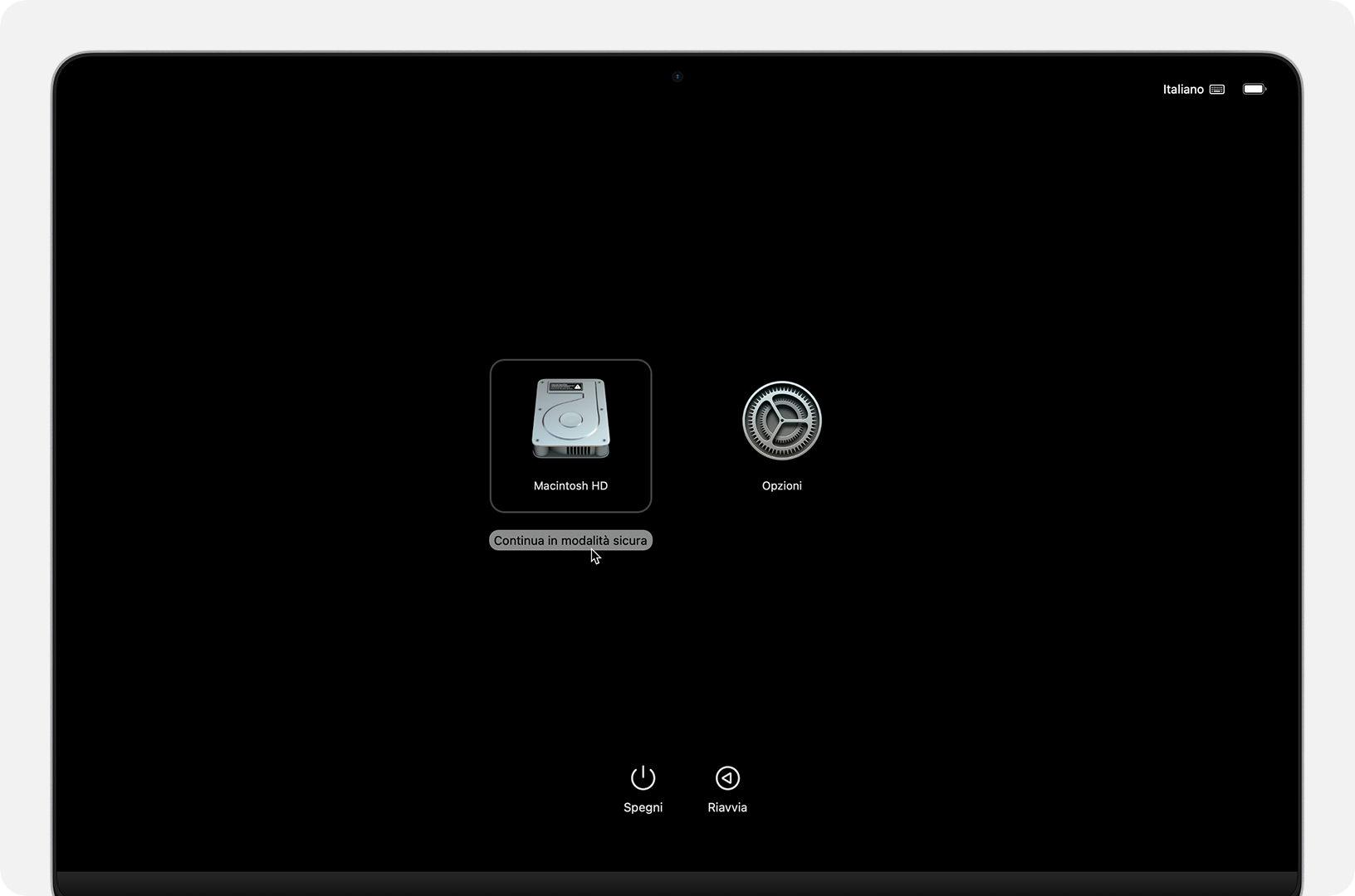 Schermata delle opzioni di avvio con il pulsante Continua in modalità sicura mostrato sotto Macintosh HD