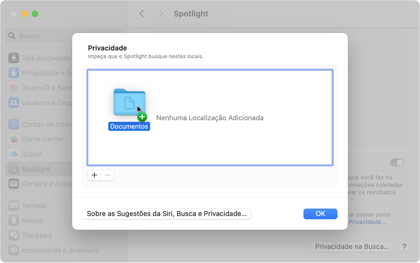 O painel Privacidade dos ajustes do Spotlight