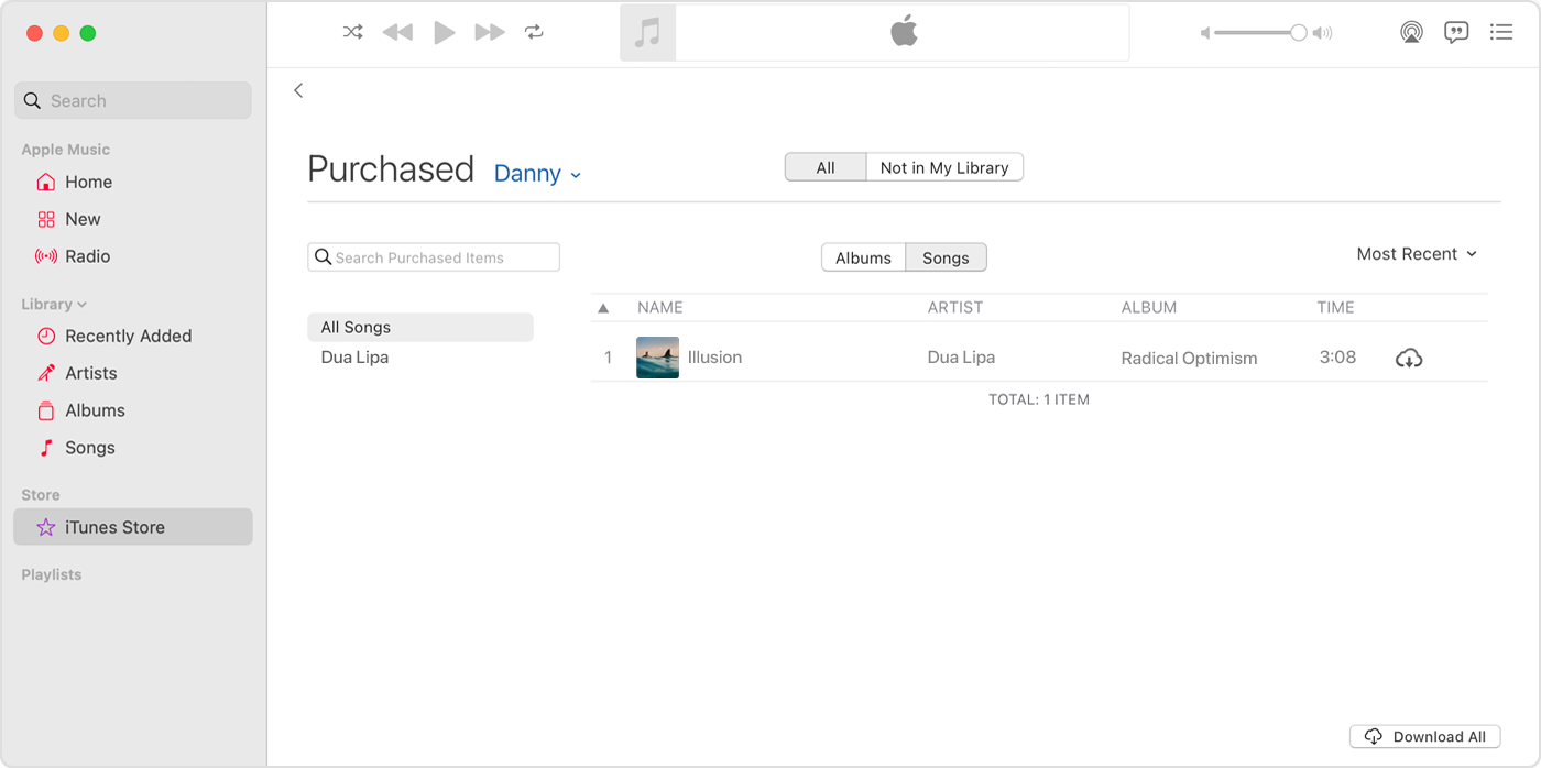 Aplikacija Apple Music na Mac računalu. U rubnom stupcu odabrana je iTunes Store. Na desnoj strani nalazi se pjesma s ikonom za preuzimanje.