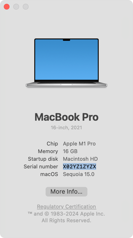 Fenêtre À propos de ce Mac avec le numéro de série mis en évidence