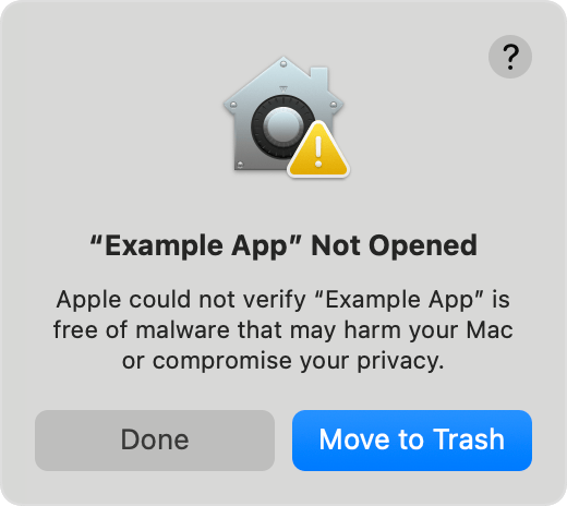 Alerte indiquant qu’Apple ne peut pas vérifier qu’une application est exempte de logiciels malveillants.